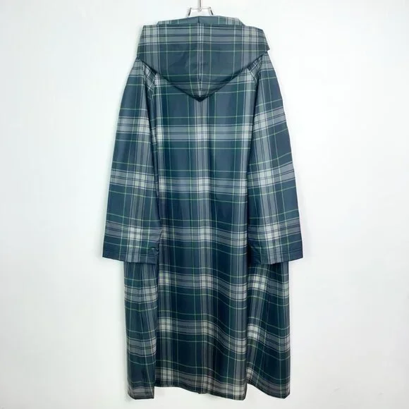 008462 Burberry Check Hooded Raincoat Green Size 46 Slightly Stains